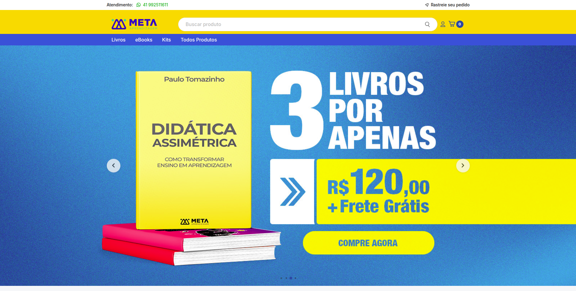 Página inicial do site Meta Aprendizagem, loja virtual de livros e materiais educacionais